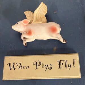 Ceramic Flying Pig Figurine with Sign when pigs fly